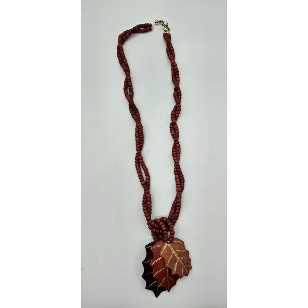 Vintage Wooden Bead Twisted Multi Strand Triple Leaf Pendant Necklace Brown Gold